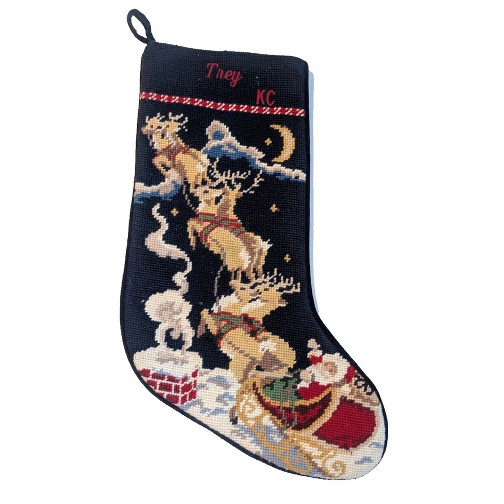 Lands End Needlepoint Christmas Stocking‎ Santa Sleigh Reindeer Personalized